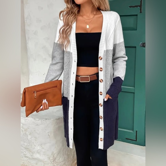 New Cozy Longline Cardigan Chunky Knit Colorblock Long Sleeves White Gray Navy - Picture 3 of 16